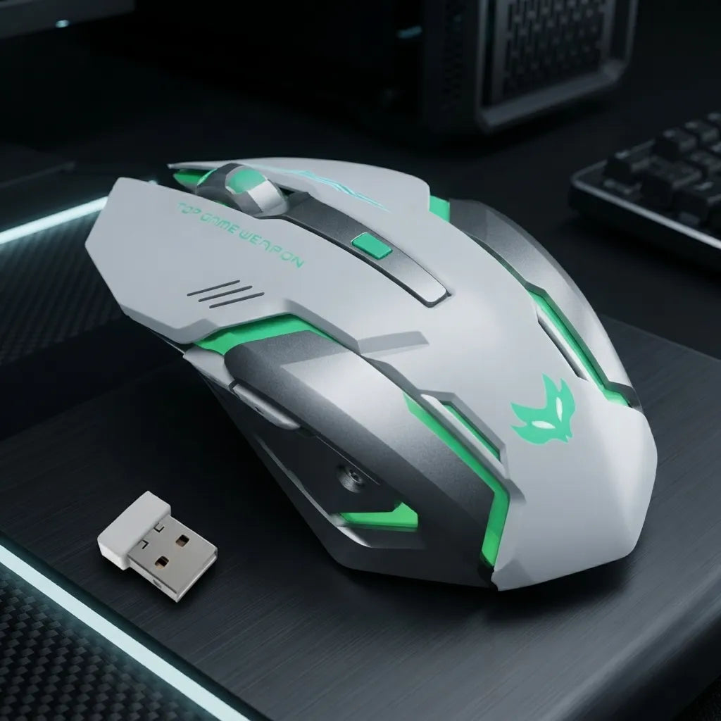 A silver and black gaming mouse with green LED accents and a matching USB receiver, displayed on a dark desk surface.