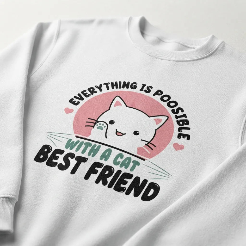 A white crewneck sweatshirt featuring a graphic print of a cute white cartoon cat inside a pink circle, with the text 'EVERYTHING IS POISABLE WITH A CAT BEST FRIEND' in black and teal lettering.