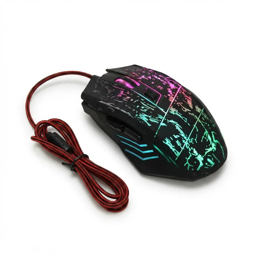 A black wired gaming mouse with RGB rainbow lighting and a red braided cable, shown on a plain white background.