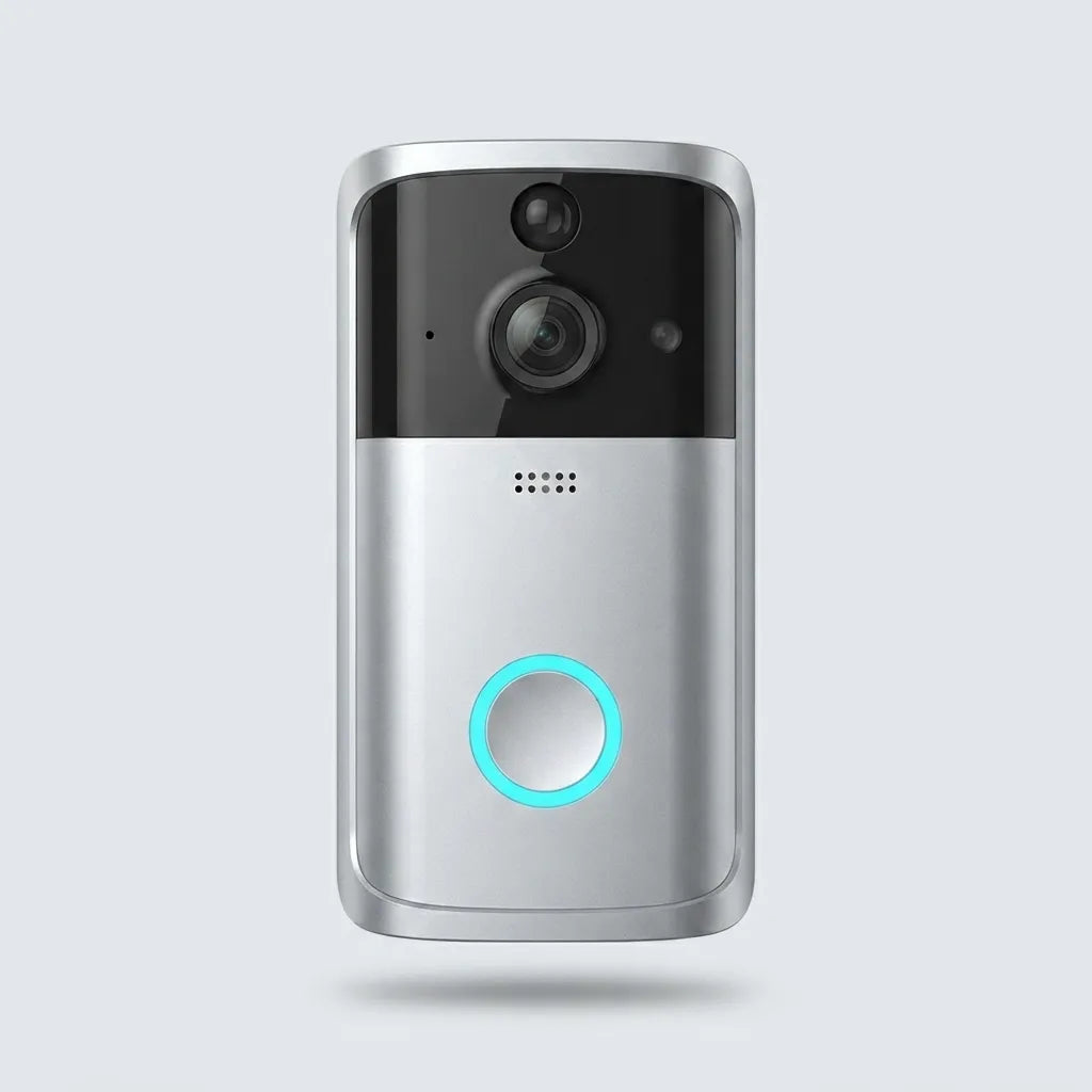 A modern wireless video doorbell with a silver and black finish, featuring a glowing cyan LED ring around the central button, shown against a light gray background.