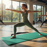 A woman in a green athletic tank top and leggings performs a yoga pose on a teal yoga mat in a bright studio with large windows and other practitioners blurred in the background.