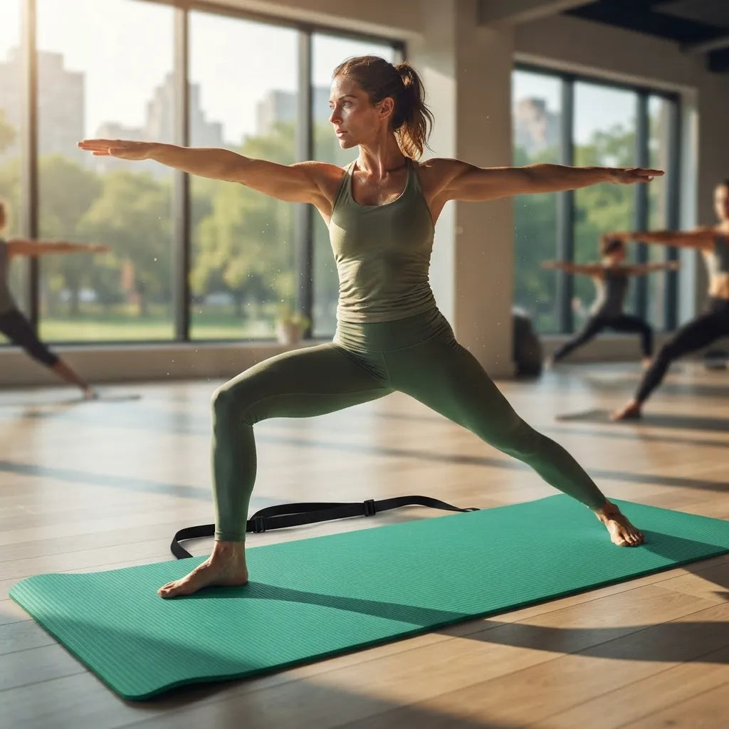 A woman in a green athletic tank top and leggings performs a yoga pose on a teal yoga mat in a bright studio with large windows and other practitioners blurred in the background.