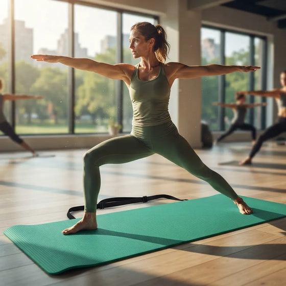 A woman in a green athletic tank top and leggings performs a yoga pose on a teal yoga mat in a bright studio with large windows and other practitioners blurred in the background.