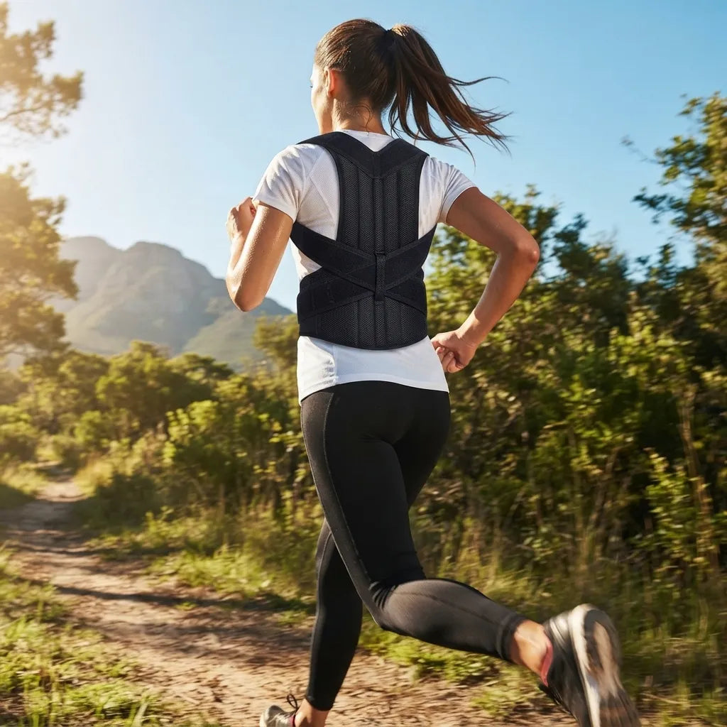A woman running outdoors on a dirt trail wearing a black back posture corrector brace over a white t-shirt and black leggings.