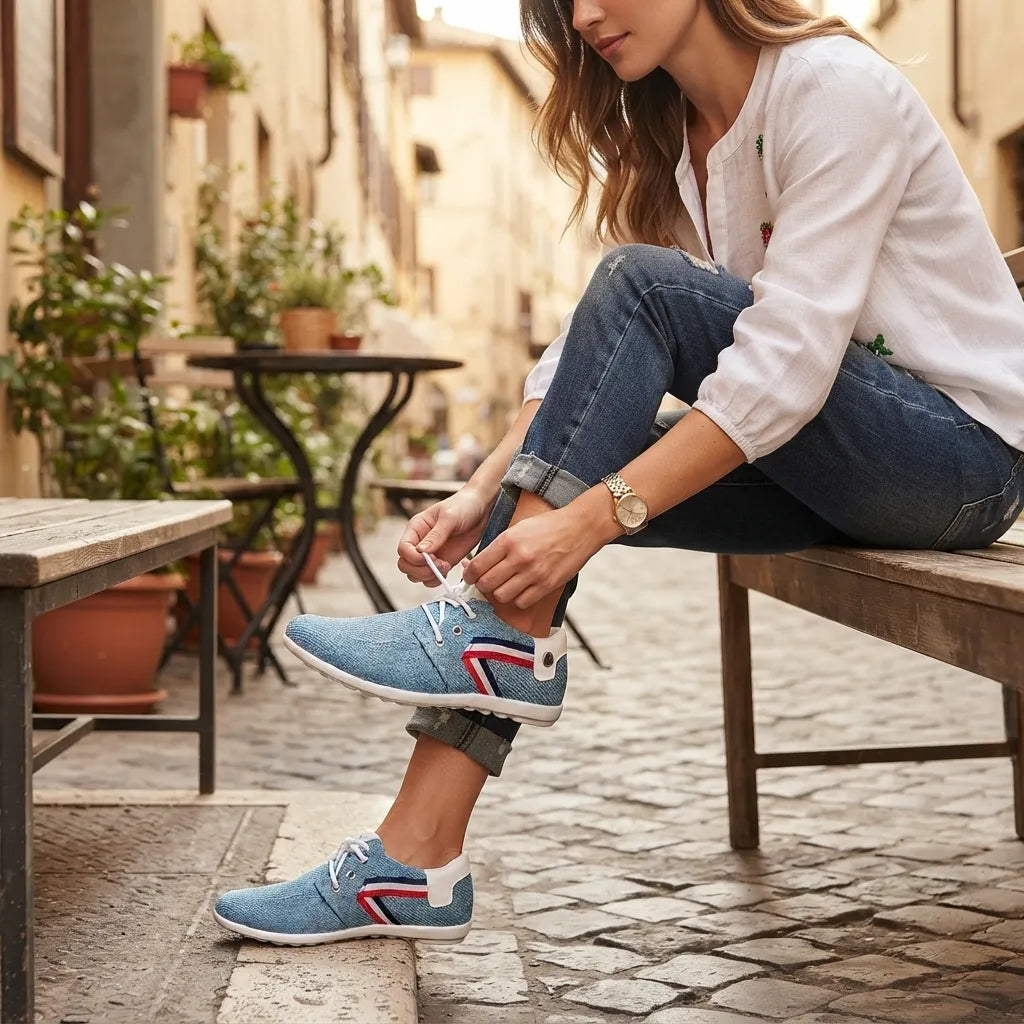 A woman sitting on a wooden bench in a cobblestone alleyway, tying the laces of a light blue canvas sneaker with red and white accents. She is wearing a white embroidered blouse, blue jeans, and a gold watch.