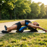 A woman outdoors on a grassy path using a blue and black abdominal exercise wheel, wearing a black sports bra and shorts.