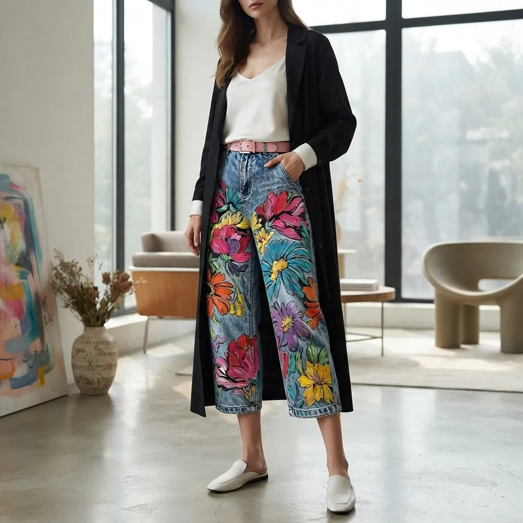 A woman models a pair of wide-leg cropped jeans featuring a vibrant multicolor floral print on a blue denim base, styled with a white top, a black open-front cardigan, and white slip-on shoes in a modern, sunlit room.