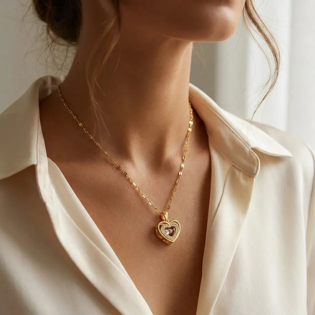 A close-up of a woman wearing a delicate gold chain necklace with a heart-shaped pendant, paired with a cream satin blouse.