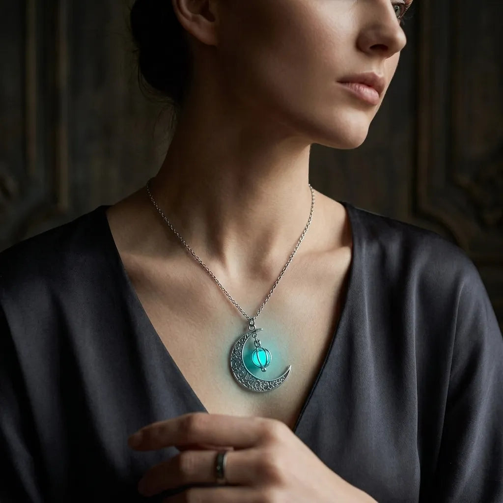 A close-up lifestyle shot of a woman wearing a silver crescent moon pendant necklace with a glowing turquoise light inside, set against a dark, moody background.