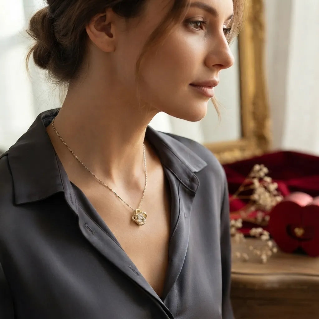 A woman in profile wearing a delicate gold necklace with a small floral pendant, styled with a dark gray satin shirt. The background features a warm, softly lit interior with a gold mirror frame and red decorative elements.