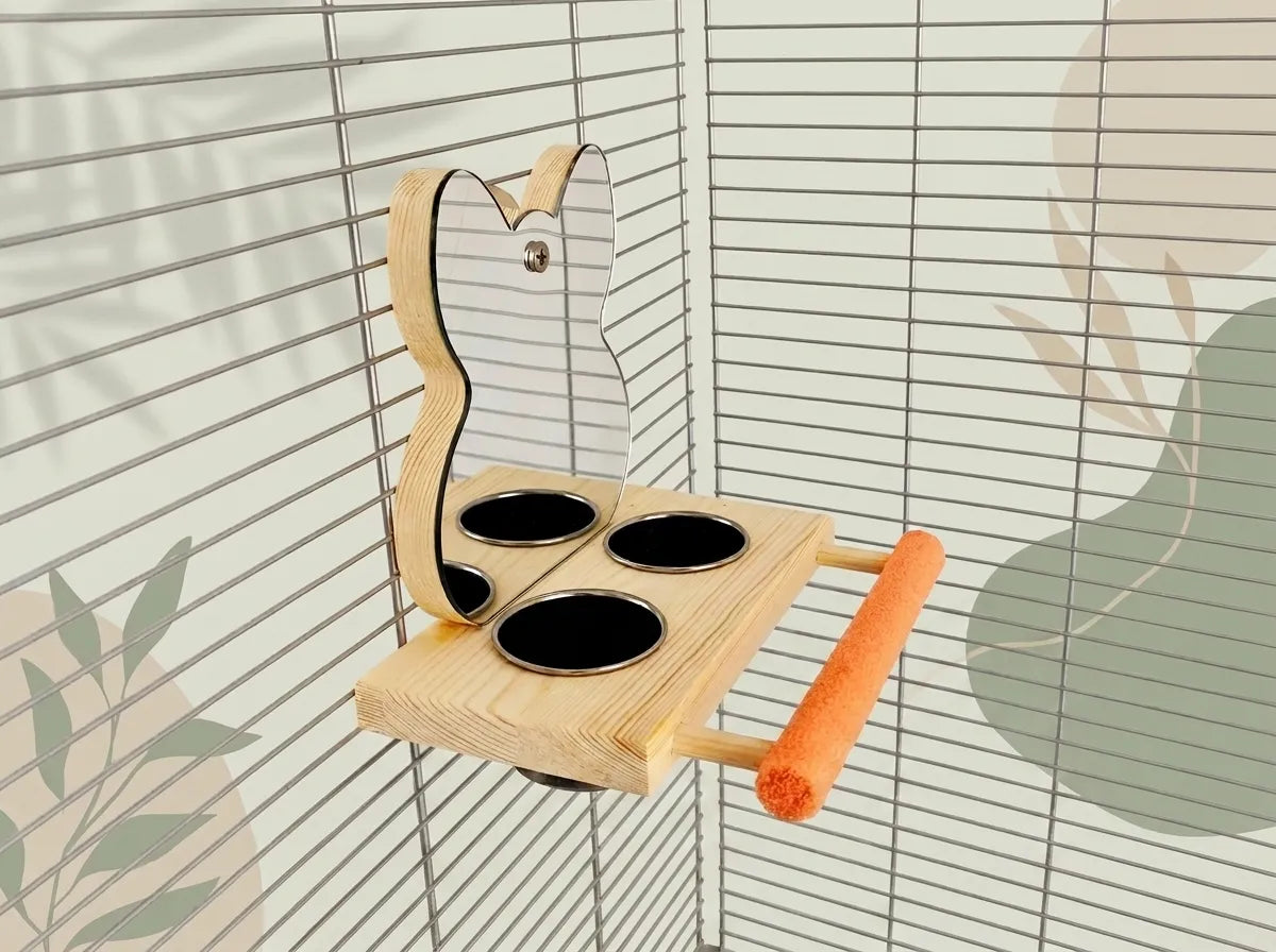 Parrot Perch Stand with Mirror & Stainless Steel Food Cups